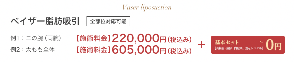 ベイザー脂肪吸引 例1：ふくらはぎ+足首⇒320,000円＋基本セット0円 例2：太もも全体⇒550,000円＋基本セット0円