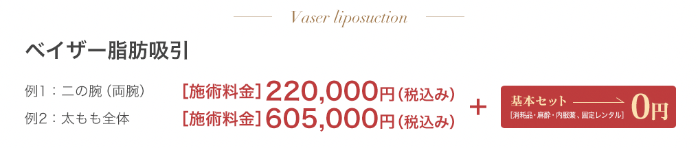 ベイザー脂肪吸引 例1：ふくらはぎ+足首⇒320,000円＋基本セット0円 例2：太もも全体⇒550,000円＋基本セット0円