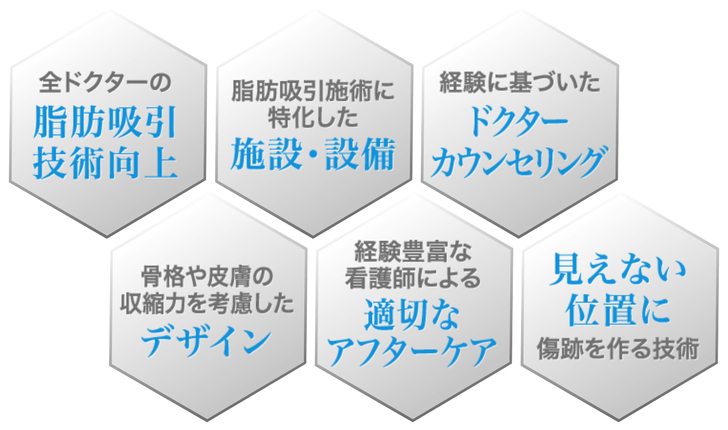 全ドクターの脂肪吸引技術向上、脂肪吸引施術に特化した施設・設備、経験に基づいたドクターカウンセリング、骨格や皮膚の収縮力を考慮したデザイン、経験豊富な看護師による適切なアフターケア、見えない位置に傷跡を作る技術