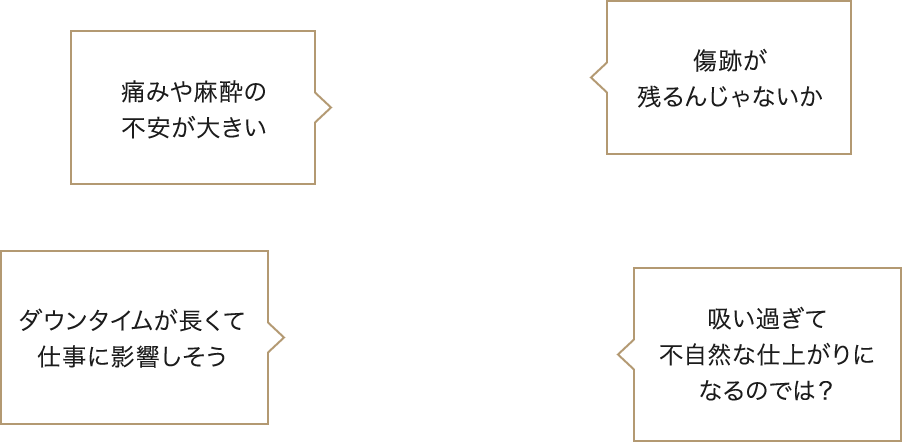 傷の大きさ、位置が心配・内出血や浮腫みが心配・術後のアフターフォローが心配・気になる部位だけ細くなりたい・以前やった時は凸凹になった・痩せているけど細くなりたい